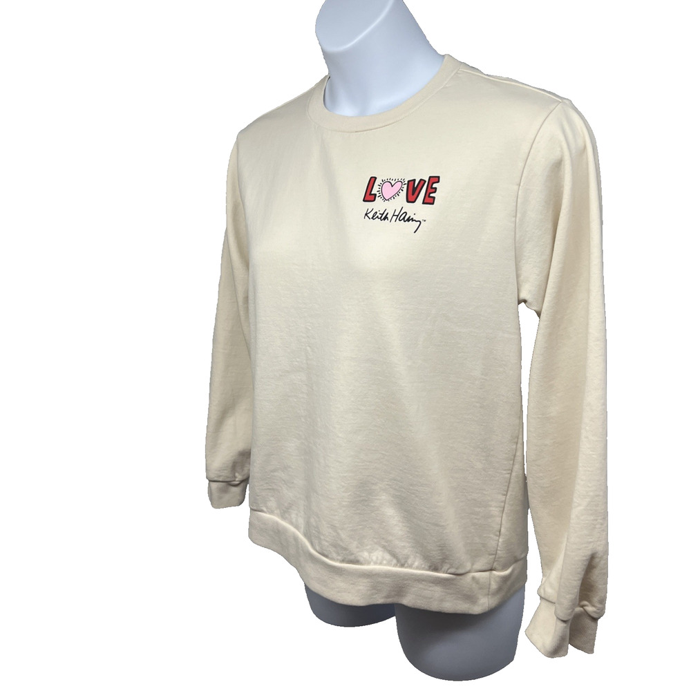Keith Haring Dancing Heart Beige Graphic Pullover Sweatshirt Large Stretch - Picture 3 of 6